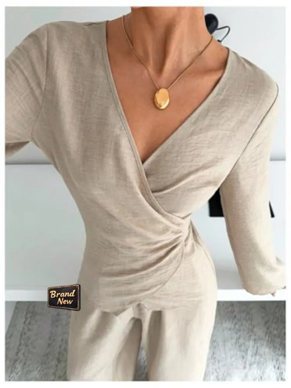 2 Piece Long Sleeve Wrap Tie Top and Pants Set Work Business Outfit
